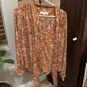 LOFT Women's Floral Wrap Blouse - Brown and Purple